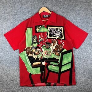 Vintage Dragonfly Shirt Mens L Red Dogs Playing Poker Camp Loop Collar 90s Y2K
